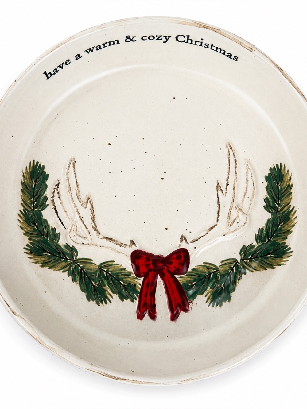 Mud Pie Christmas Serving Dish Antler Evergreen Red Bow Warm Cozy 11 Inch